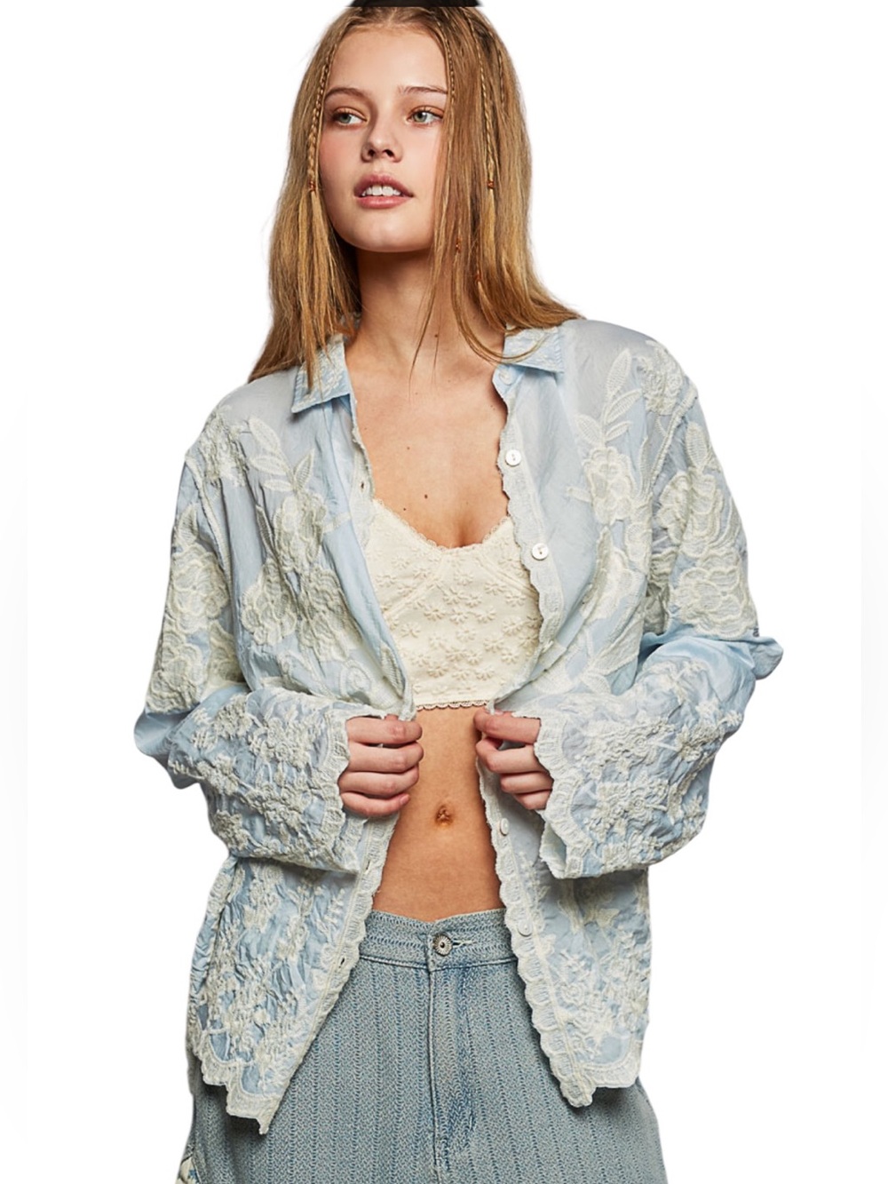 POL Blue Embroidered Long Bell Sleeve Button Down Shirt Top
